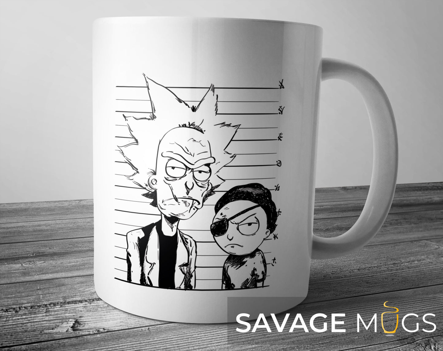 White ceramic mug with sci-fi cartoon scientist and sidekick mugshot design