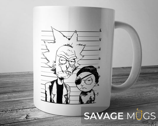 White ceramic mug with sci-fi cartoon scientist and sidekick mugshot design