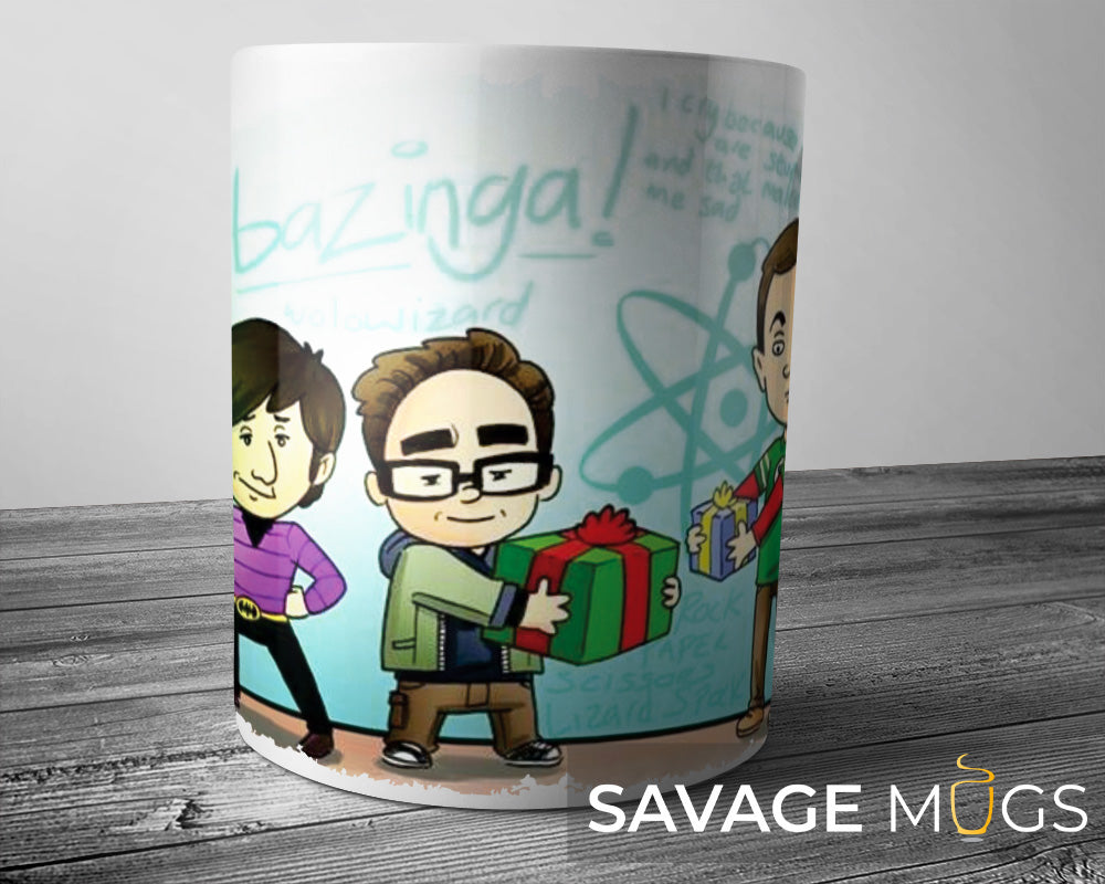 White ceramic mug with science sitcom inspired cartoon friends illustration