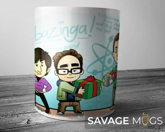 White ceramic mug with science sitcom inspired cartoon friends illustration