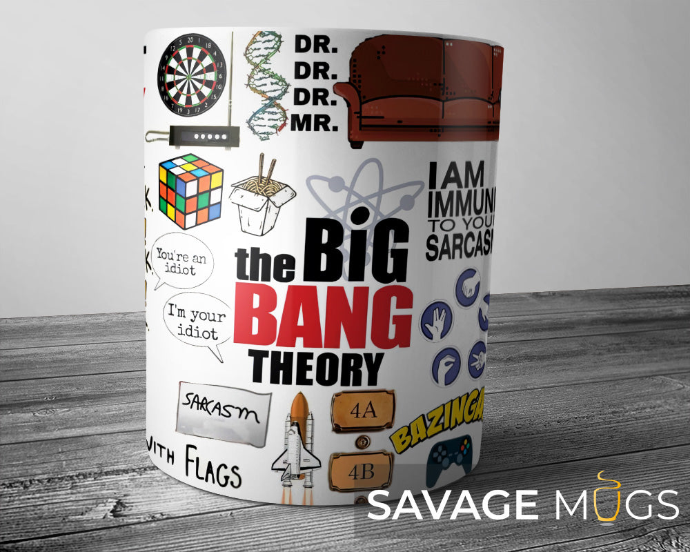 White ceramic mug with science sitcom inspired collage featuring geek culture elements

