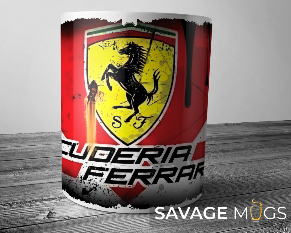 White ceramic mug featuring Ferrari prancing horse logo with vintage grunge motorsport design