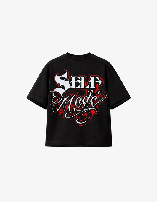 Black 300 GSM boxy fit T-shirt with bold Self Made graffiti script graphic design printed in South Africa