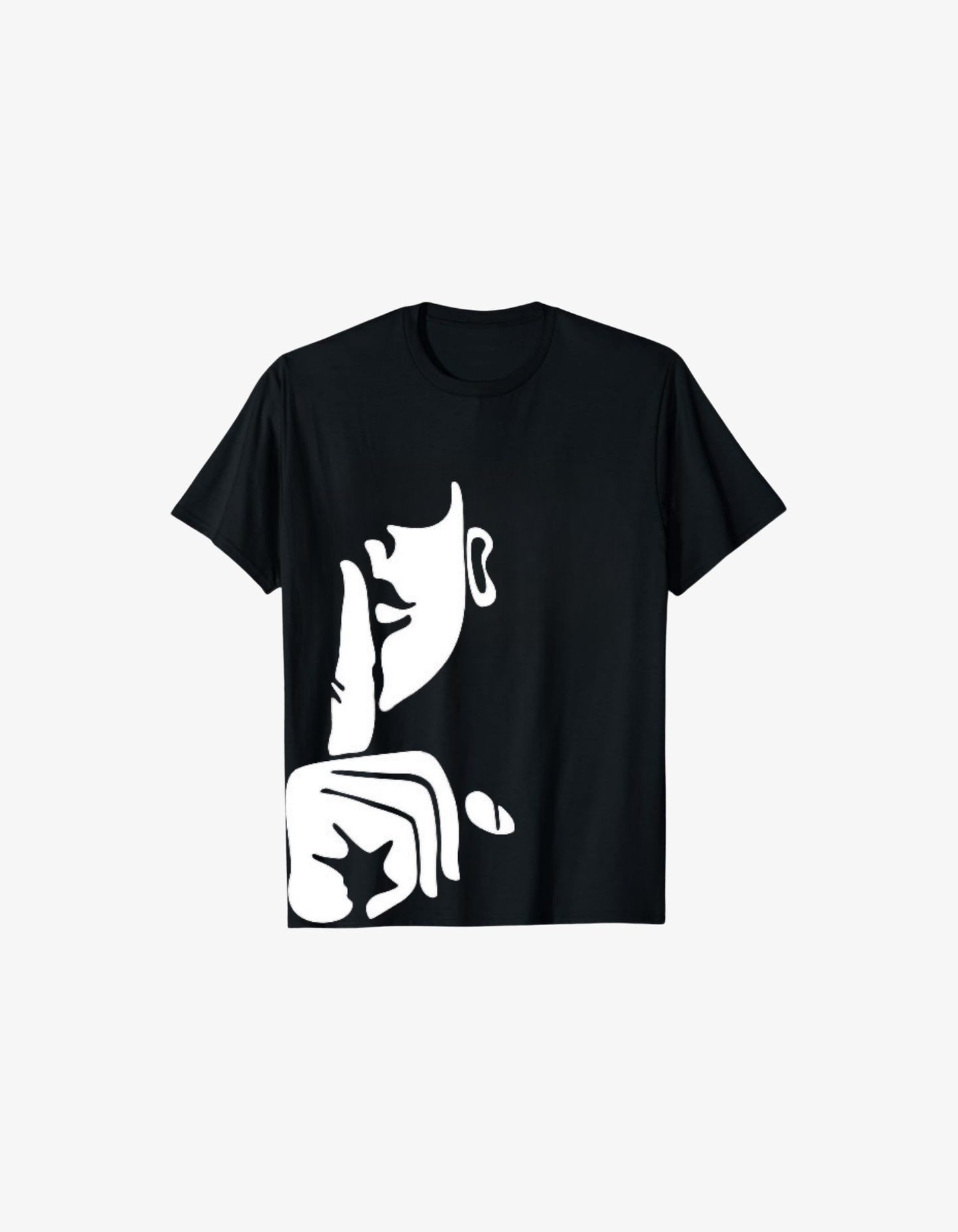 Black minimalist T-shirt featuring white graphic of face making shh silence gesture