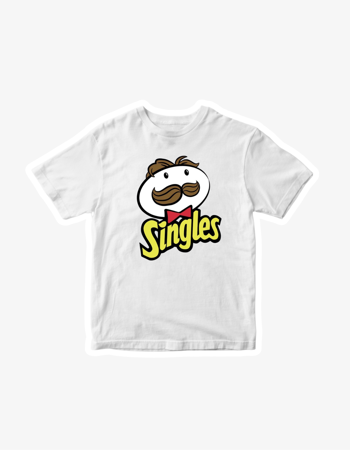 White T-shirt with funny Singles parody graphic featuring cartoon moustache face and bold yellow text