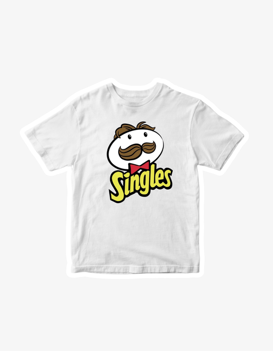 White T-shirt with funny Singles parody graphic featuring cartoon moustache face and bold yellow text