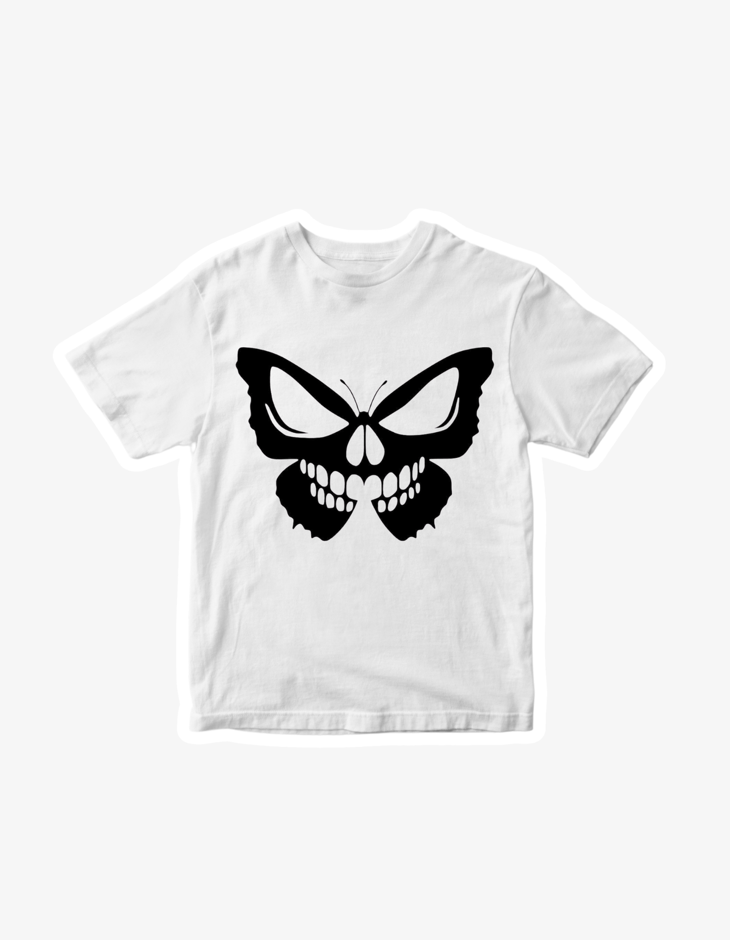 White T-shirt with black butterfly graphic featuring hidden skull design in the wings