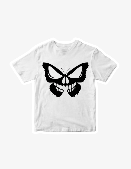 White T-shirt with black butterfly graphic featuring hidden skull design in the wings