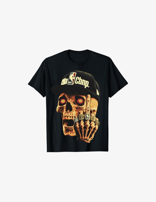 Black heavyweight boxy fit T-shirt with glowing skull wearing championship cap graphic