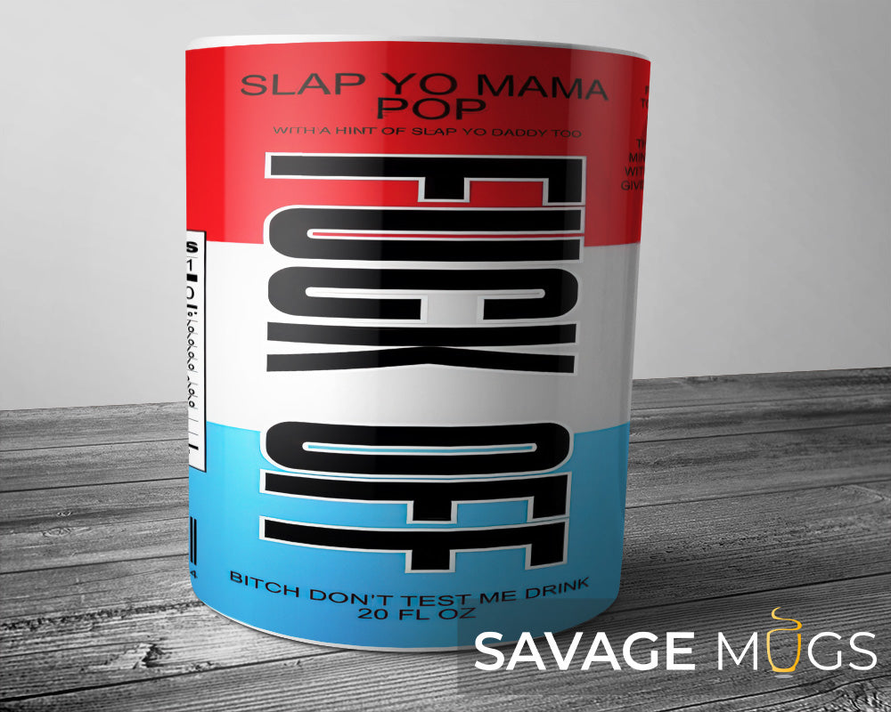 White ceramic mug with parody soda label design reading Slap Yo Mama Pop with humorous drink-style graphics