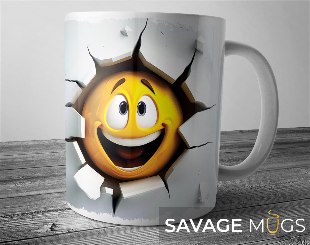 White ceramic mug featuring smiling emoji character breaking through a cracked wall design
