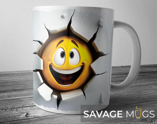 White ceramic mug featuring smiling emoji character breaking through a cracked wall design