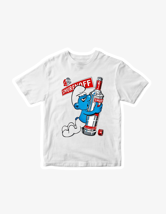 White T-shirt with funny Smurfoff parody design showing a drunk blue cartoon character hugging a vodka bottle graphic