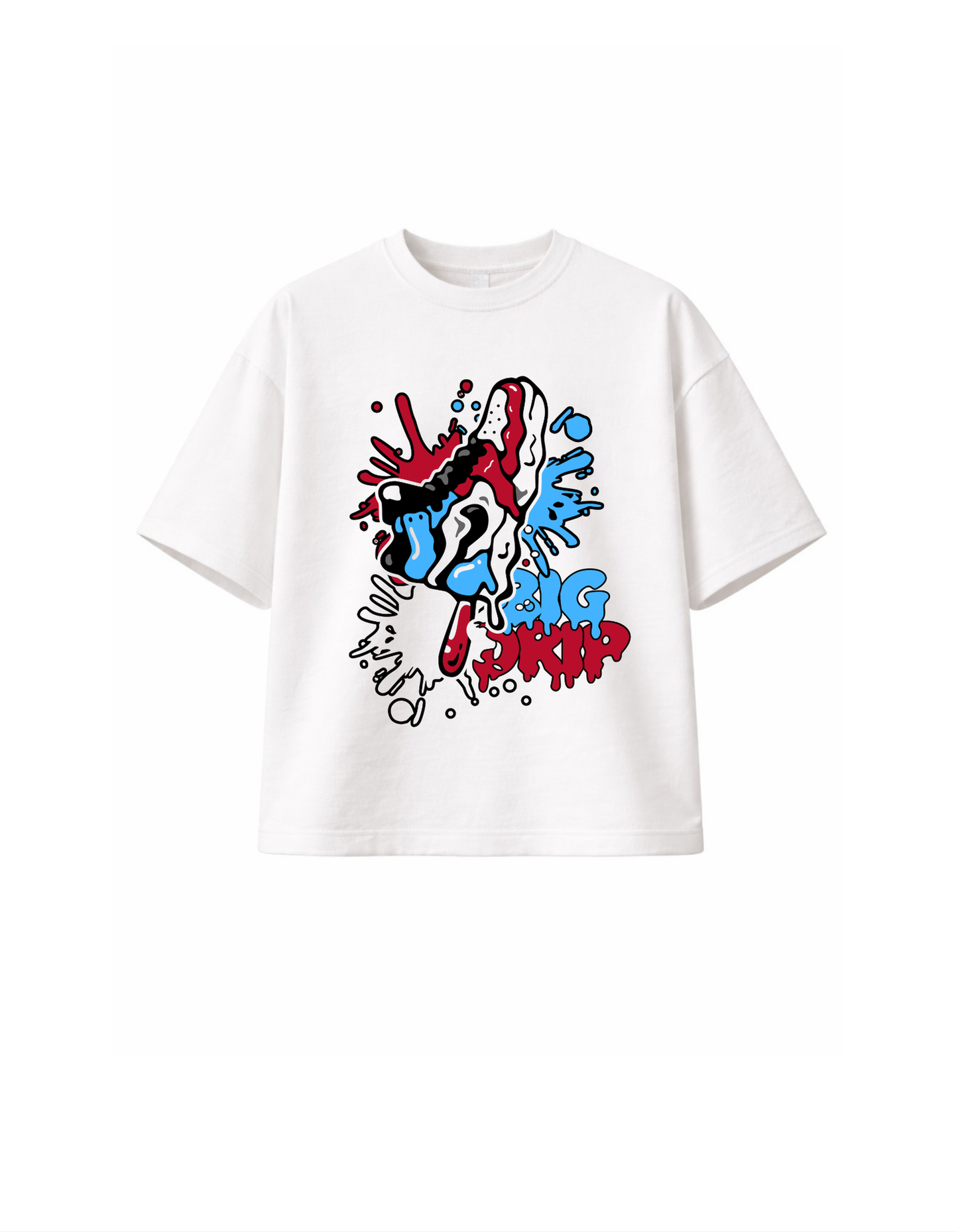 White 300 GSM boxy fit T-shirt with graffiti sneaker drip graphic streetwear design printed in South Africa
