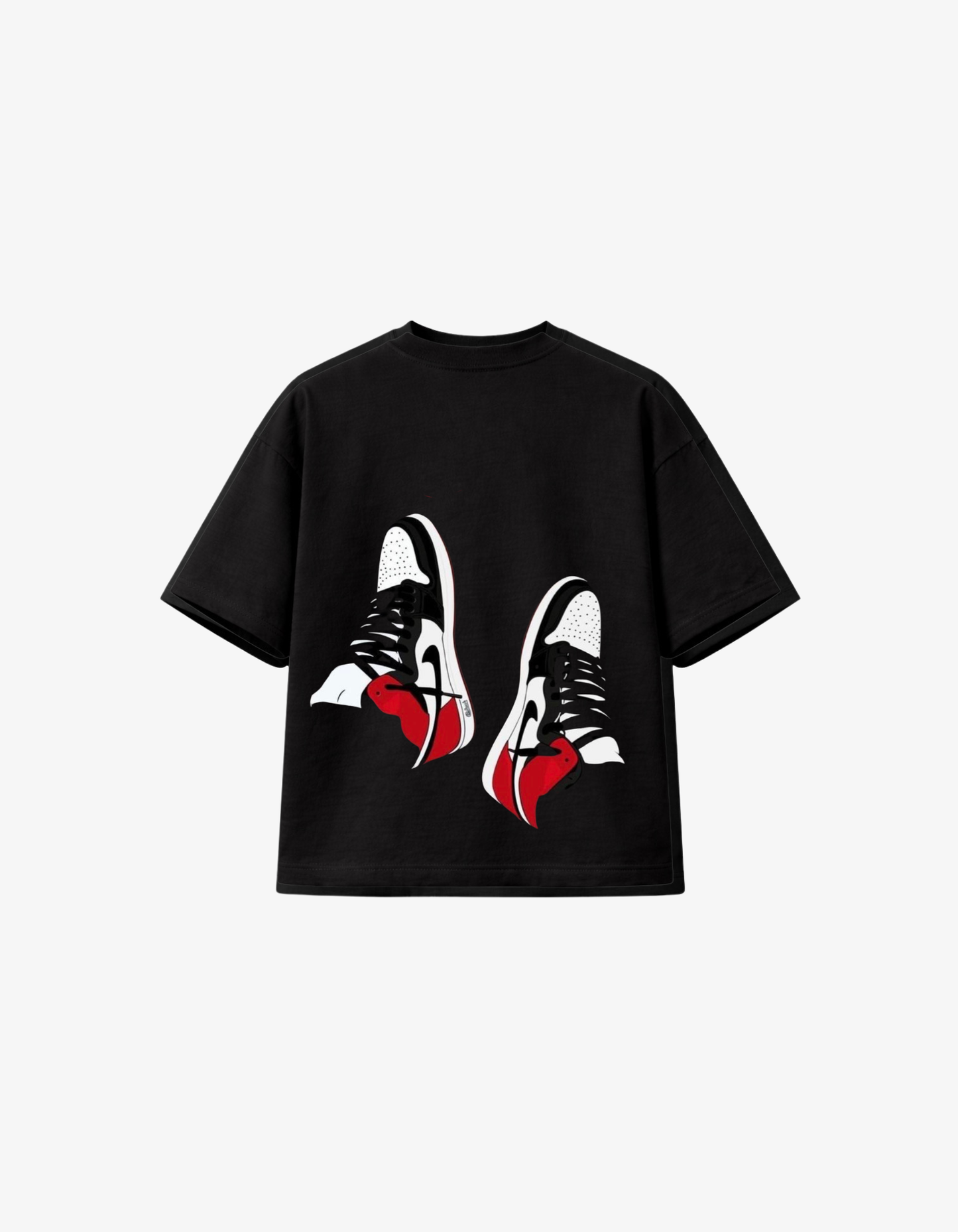 Black boxy t-shirt featuring red, white and black sneaker graphic in a clean minimalist streetwear design