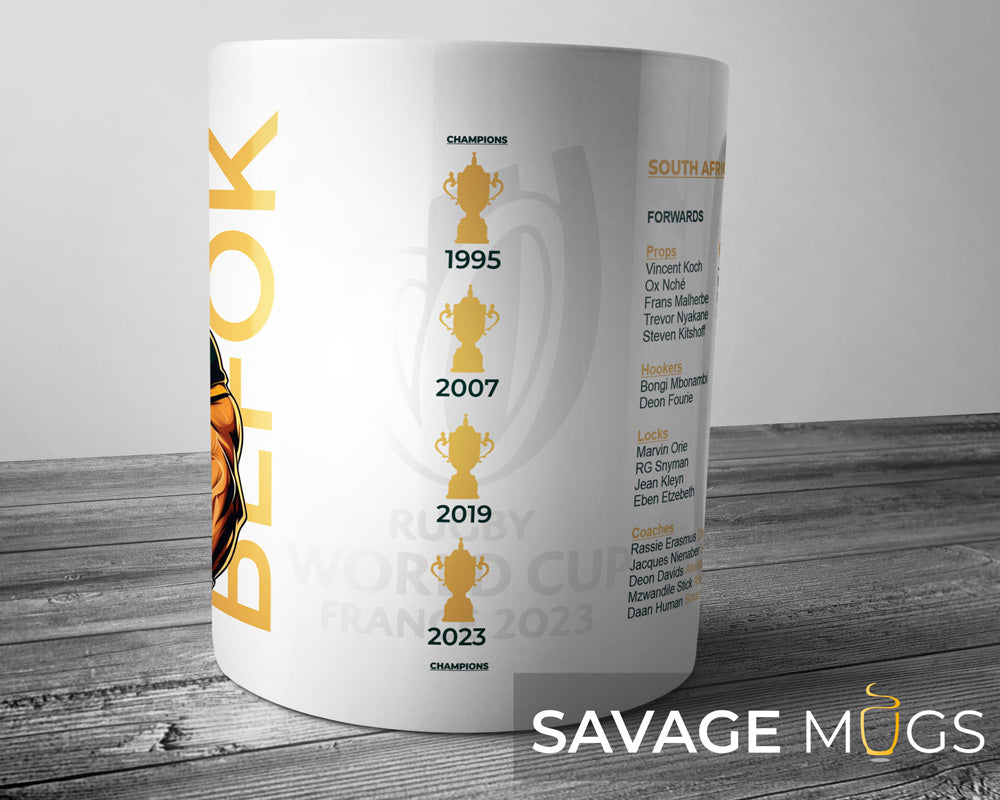 White ceramic mug featuring Springboks Rugby World Cup champion years 1995, 2007, 2019 and 2023