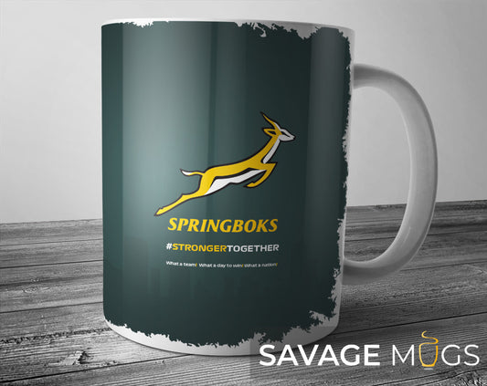 White ceramic mug with Springboks rugby inspired design and Stronger Together slogan
