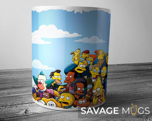White ceramic mug featuring Springfield cartoon family inspired animated comedy design