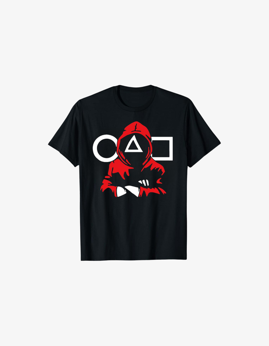 Black T-shirt with red Squid Game guard graphic and circle triangle square symbols