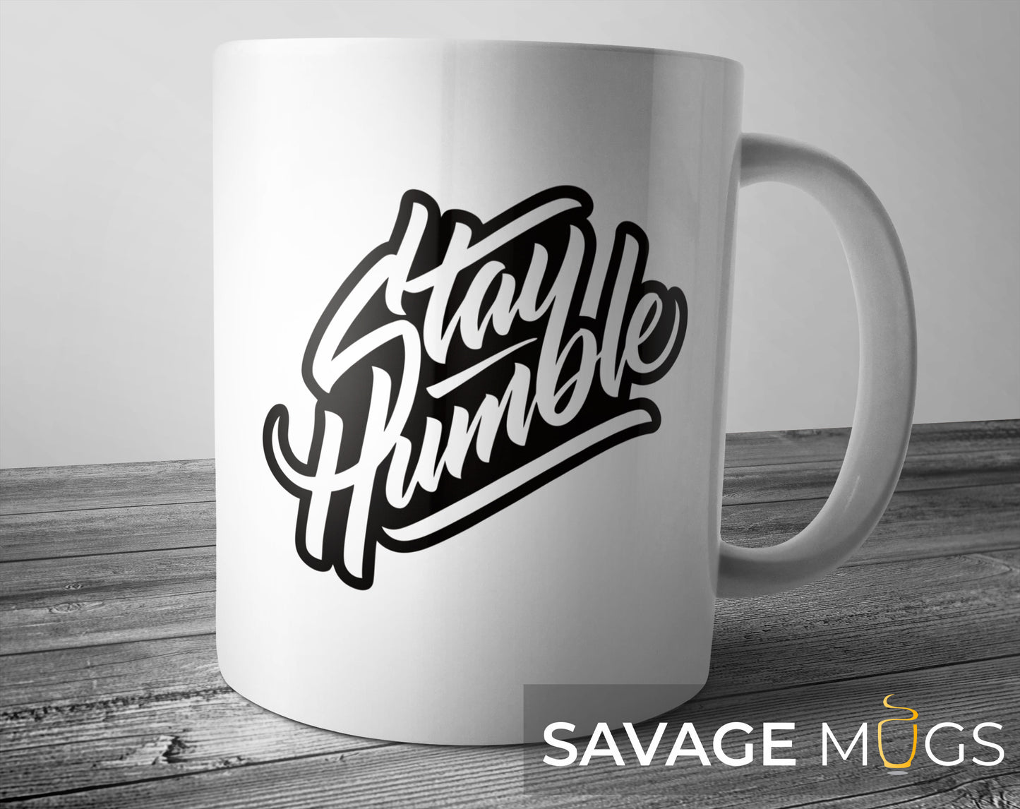 White ceramic mug with Stay Humble motivational typography design