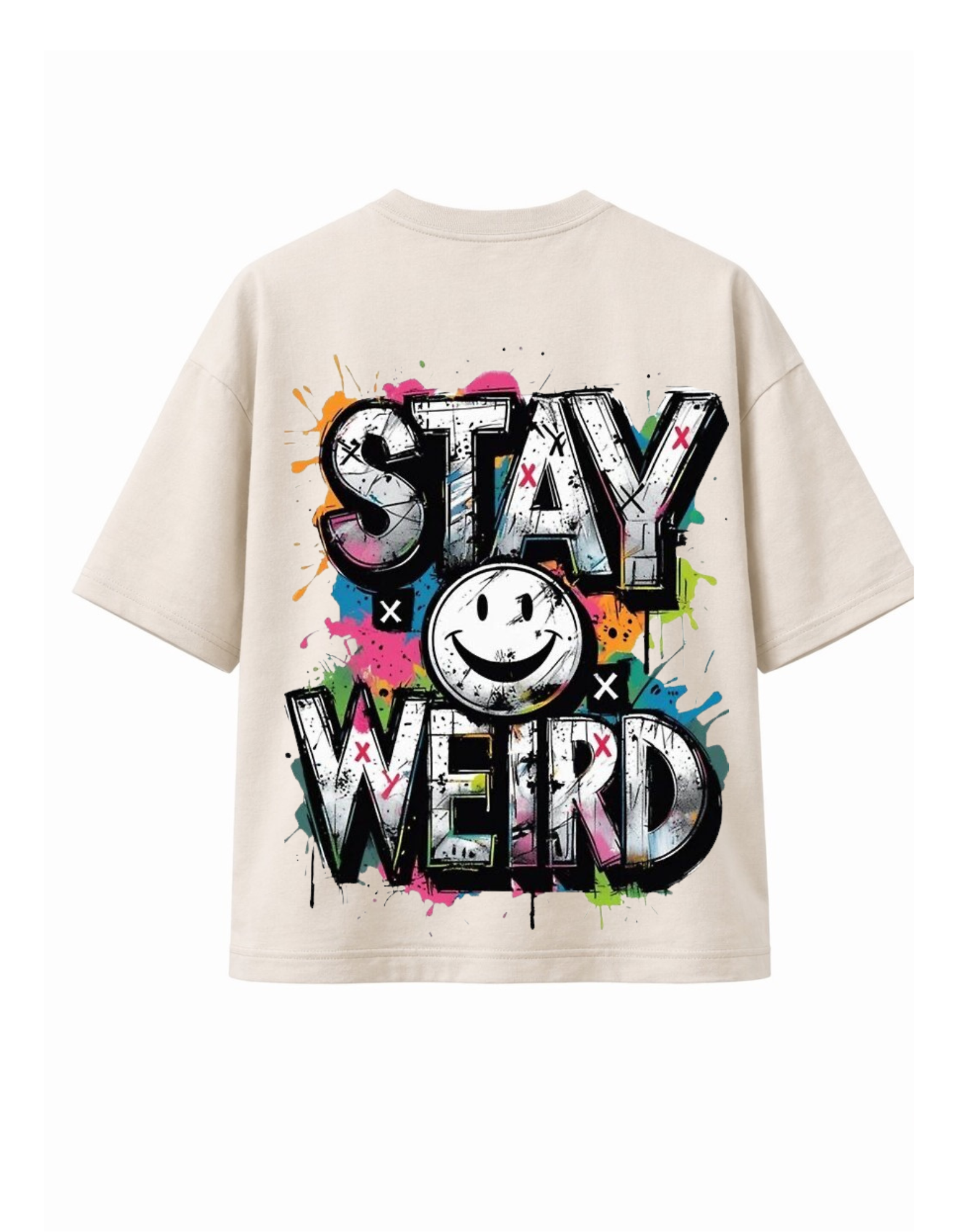Beige heavyweight boxy T-shirt with Stay Weird graffiti style graphic print