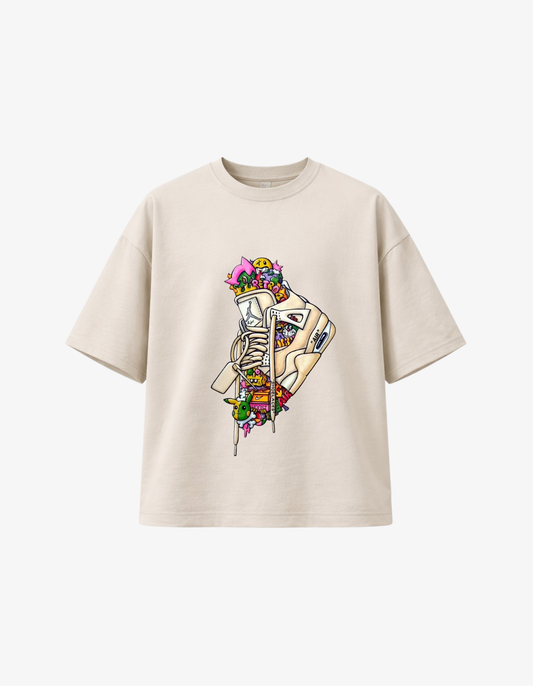 Beige 300 GSM boxy fit T-shirt with colourful sneaker graffiti streetwear graphic design printed in South Africa