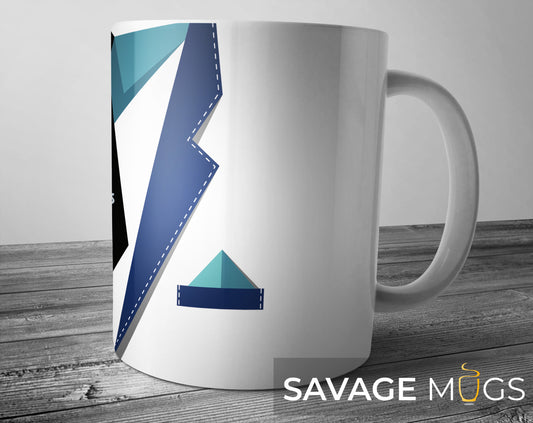White ceramic mug with suit and tie design
