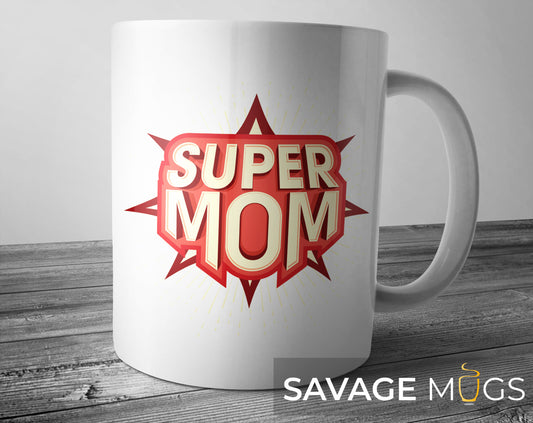White ceramic mug with Super Mom badge superhero style design