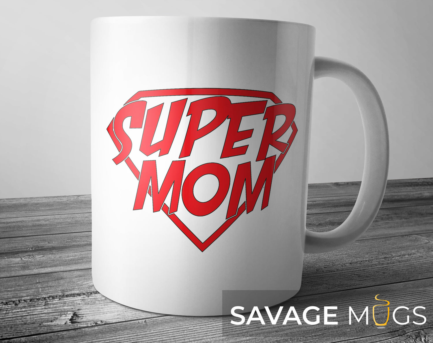 White ceramic mug with pink Super Mom superhero emblem design