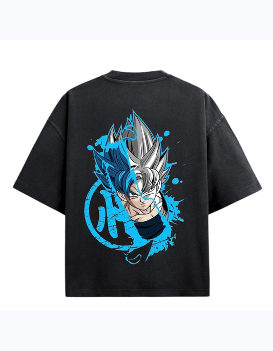Black 300GSM boxy T-shirt featuring Super Saiyan Blue anime character design with blue energy effects on the back