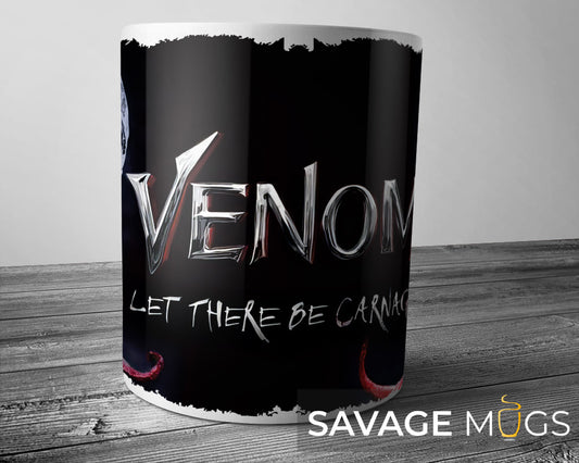 White ceramic mug featuring symbiote anti-hero inspired dark comic design