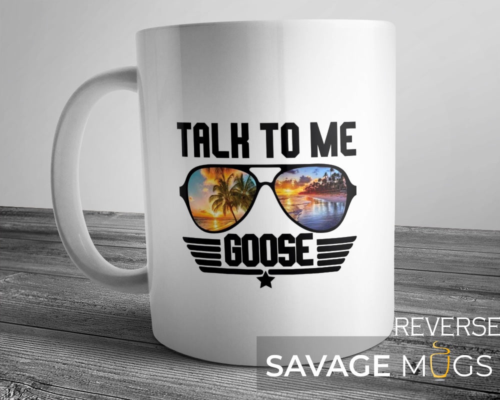 White ceramic mug featuring Talk to Me Goose quote with aviator sunglasses design