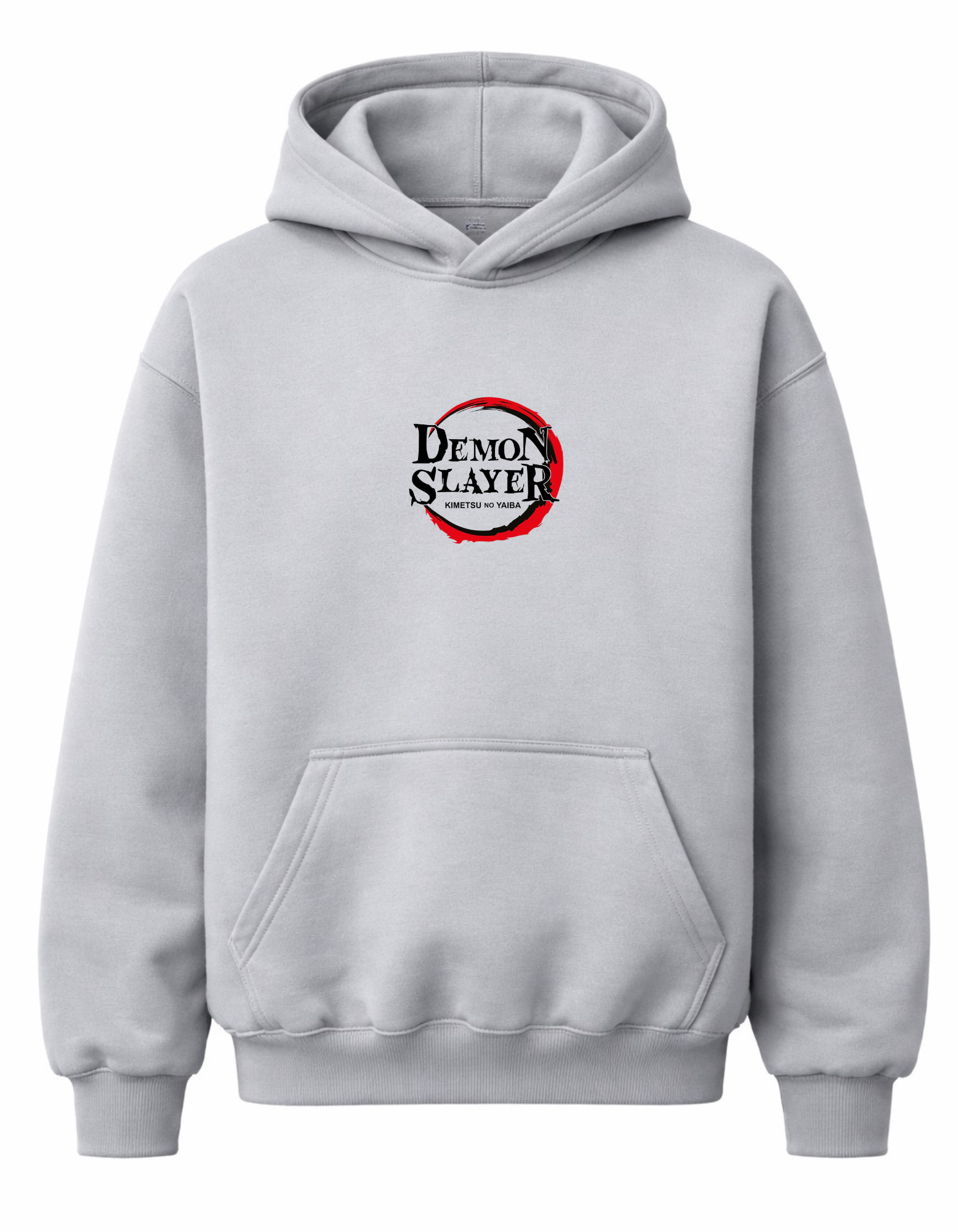 Grey hoodie featuring Tanjiro from Demon Slayer with flaming sword design on the back and logo on the front