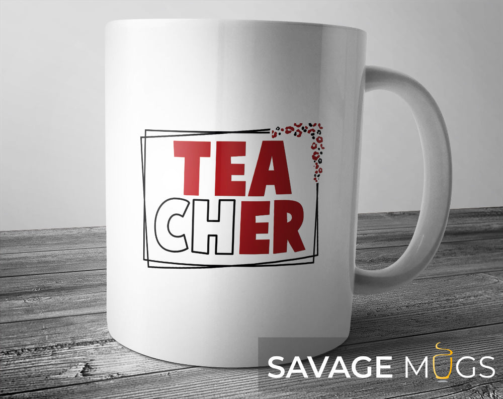 White ceramic mug with Tea-Cher funny teacher wordplay design