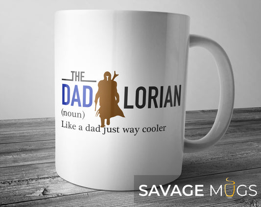 White ceramic mug with The Dadlorian funny sci-fi dad design