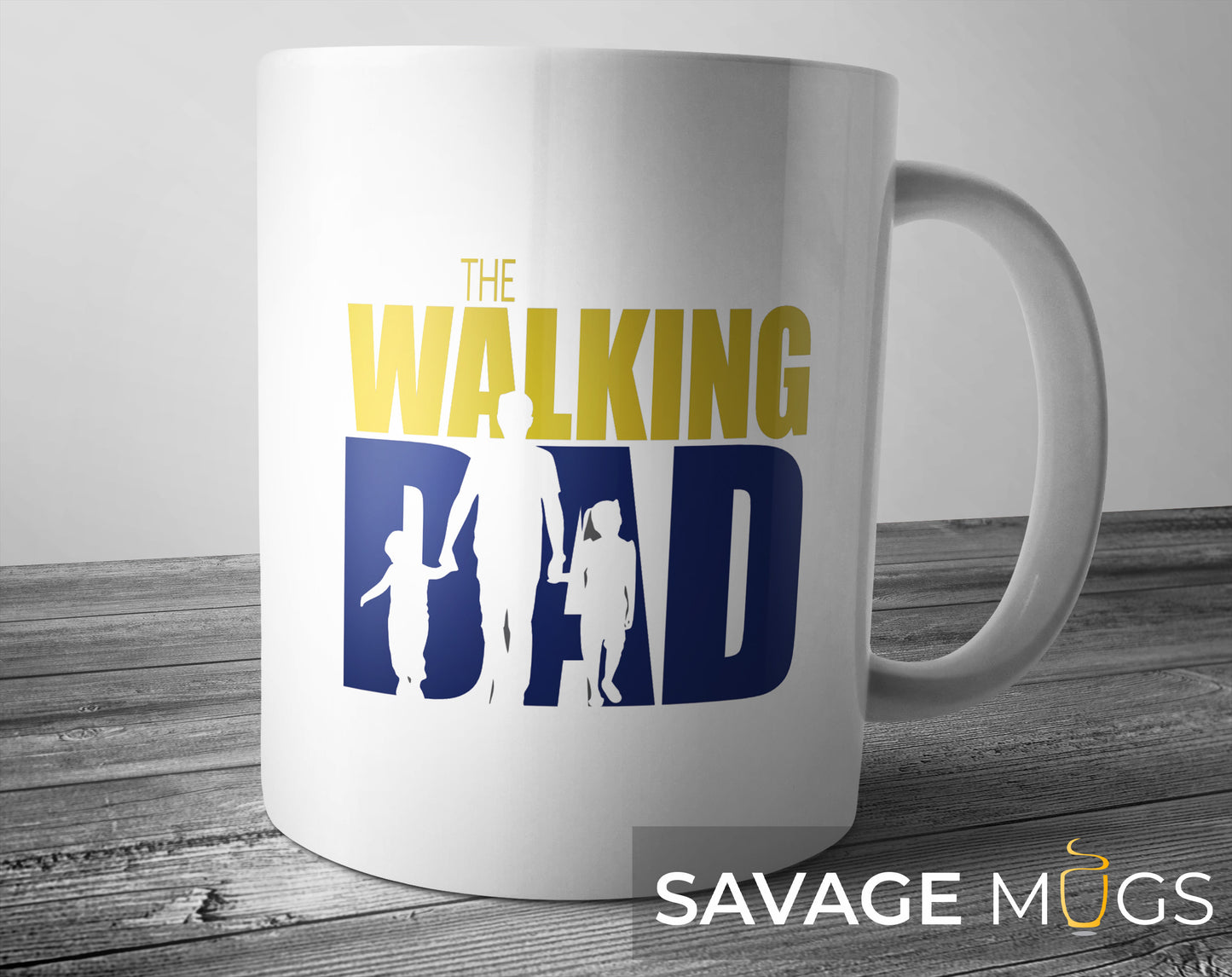 White ceramic mug with The Walking Dad text and dad with children silhouette