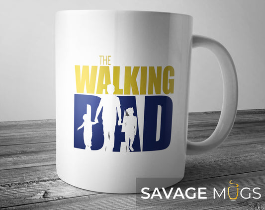 White ceramic mug with The Walking Dad text and dad with children silhouette