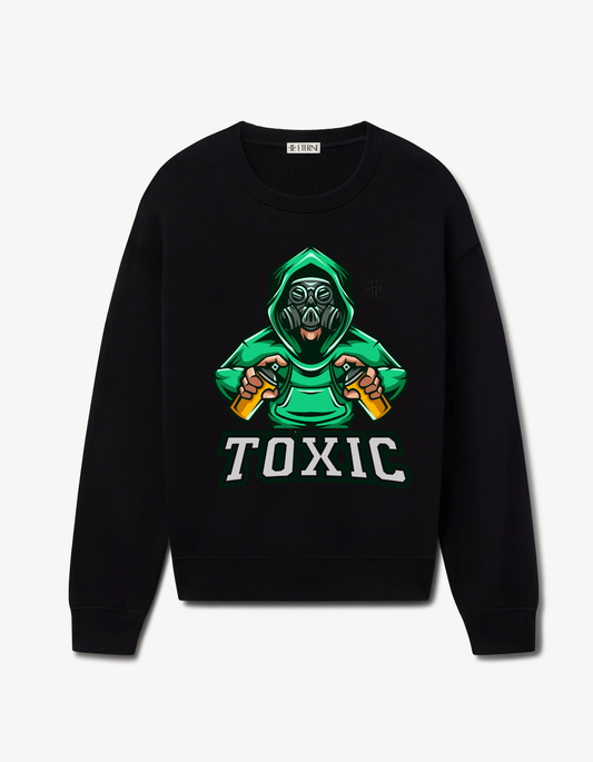 Black sweatshirt featuring a green gas mask character holding spray cans with the word “Toxic”