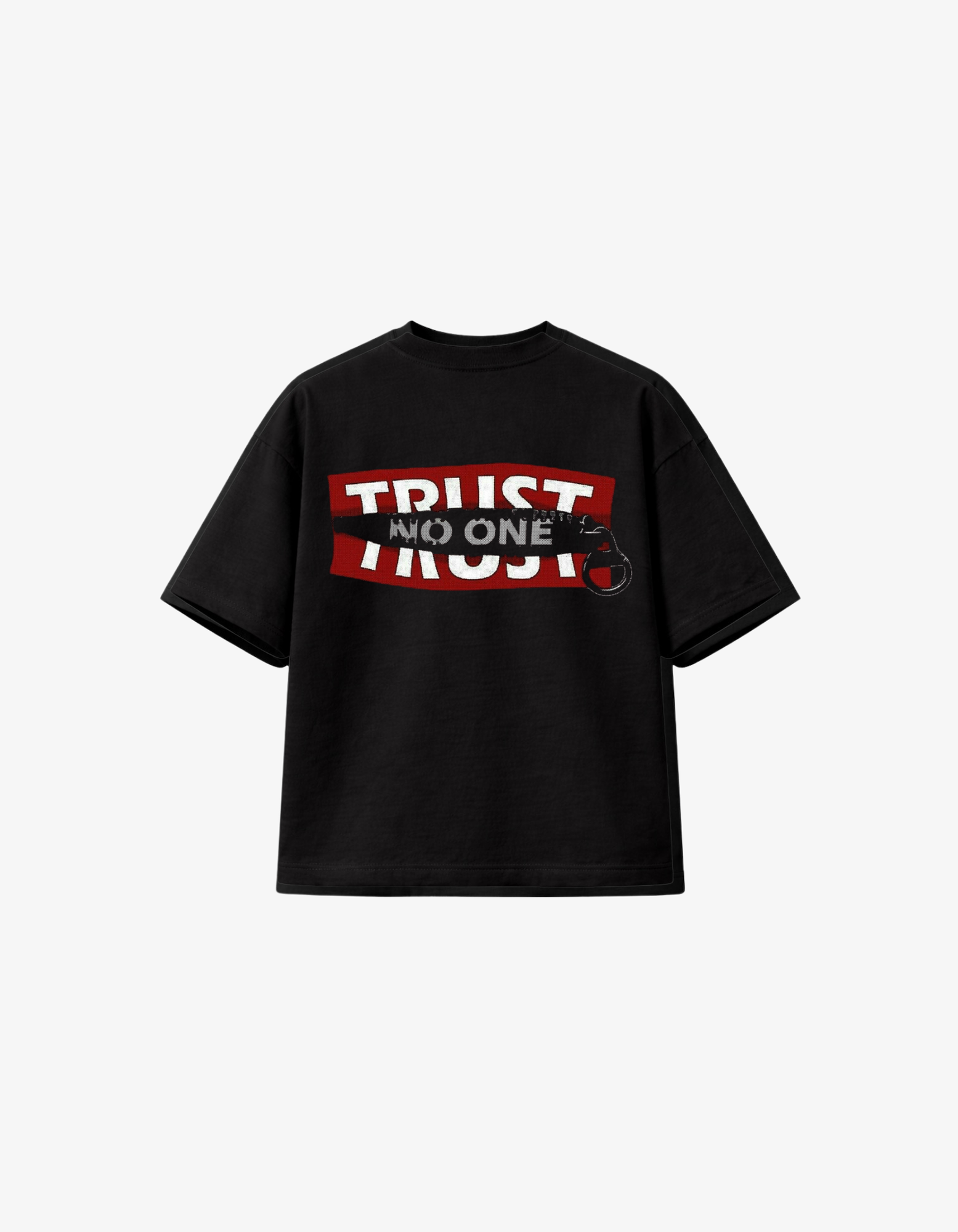 Black 300 GSM boxy fit T-shirt with bold Trust No One streetwear graphic design printed in South Africa