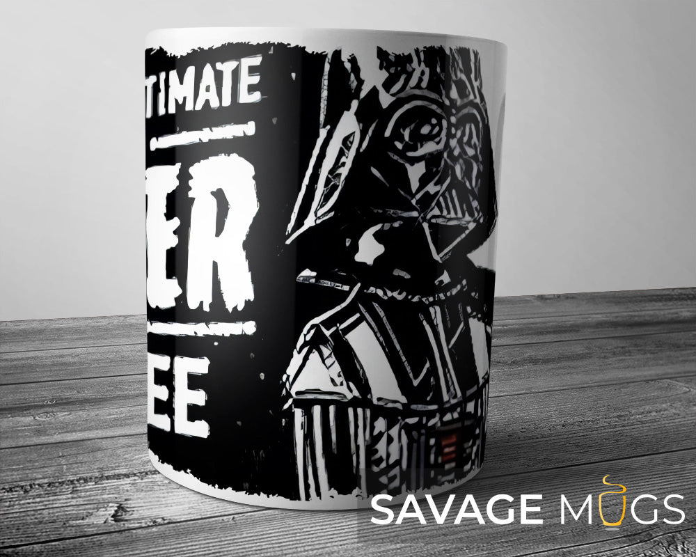 White ceramic mug featuring dark galactic villain inspired design with bold black artwork