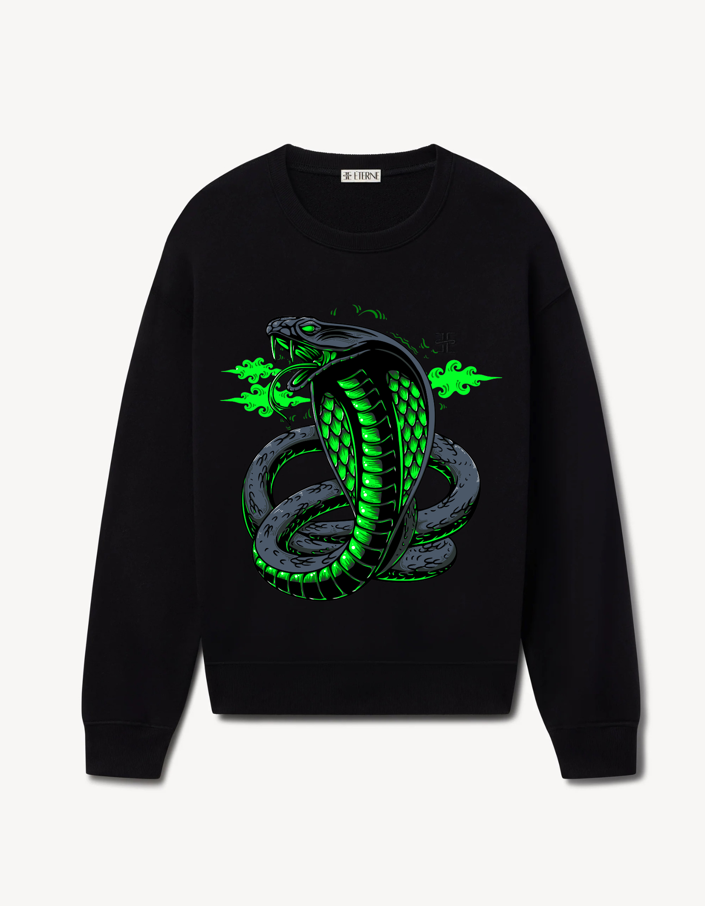 Black sweatshirt featuring a coiled cobra with neon green accents and glowing details