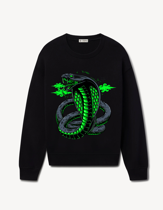 Black sweatshirt featuring a coiled cobra with neon green accents and glowing details