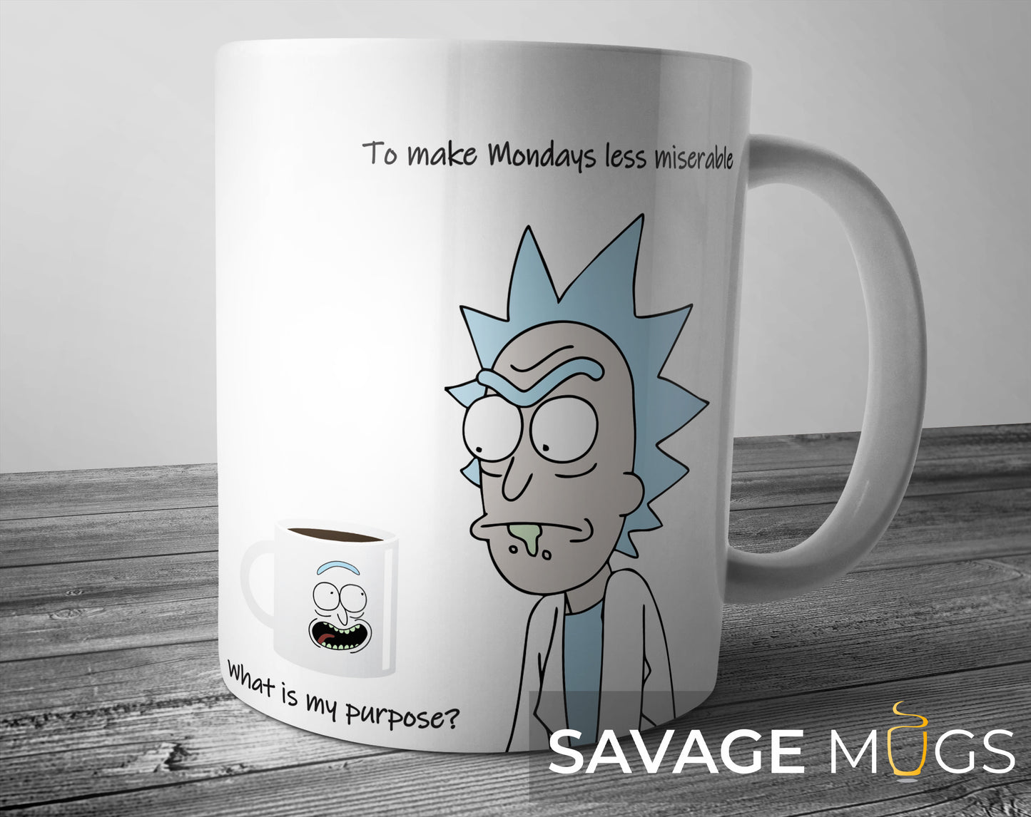 White ceramic mug featuring Rick and Morty style design with text about making Mondays less miserable