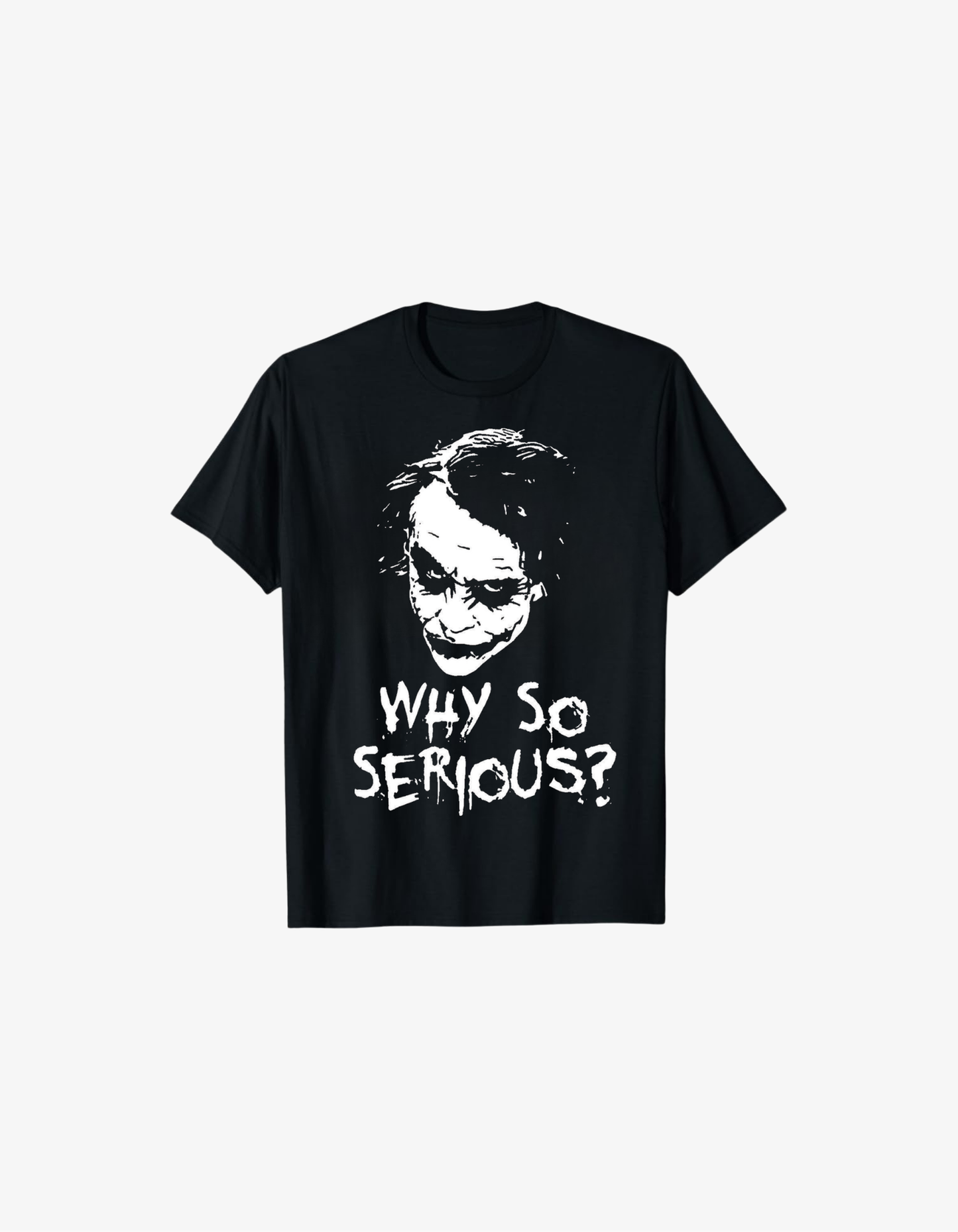 Black graphic T-shirt featuring villain inspired face design with the phrase Why So Serious