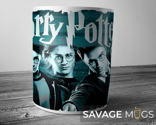White ceramic mug featuring wizard school inspired magical fantasy design