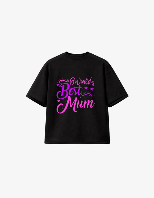 Black 300 GSM boxy fit t-shirt with bold pink “World’s Best Mum” typography design