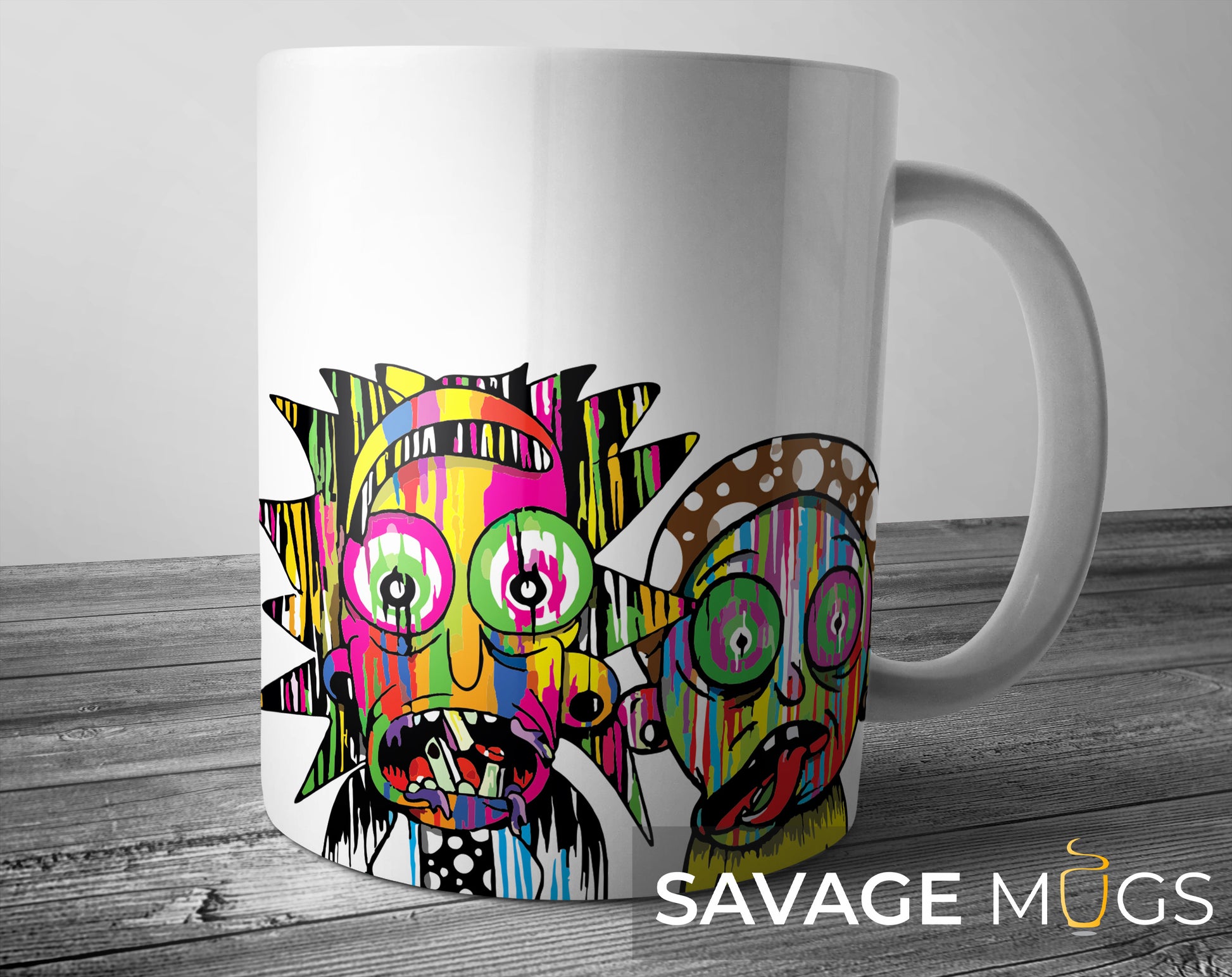 White ceramic mug with colourful Rick and Morty inspired pop art character design
