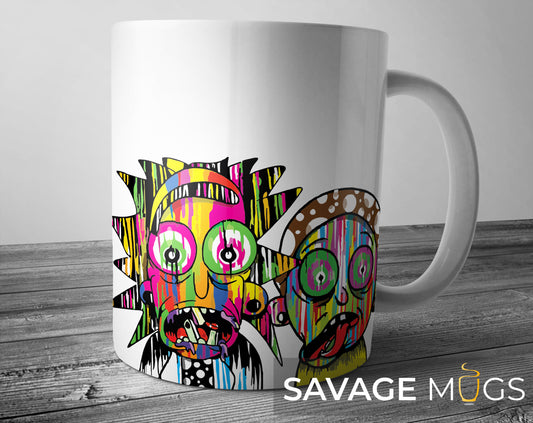 White ceramic mug with colourful Rick and Morty inspired pop art character design