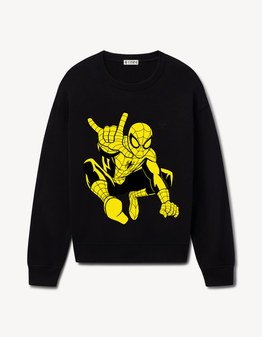 Black sweatshirt featuring a bright yellow spider-themed superhero in a crouching pose
