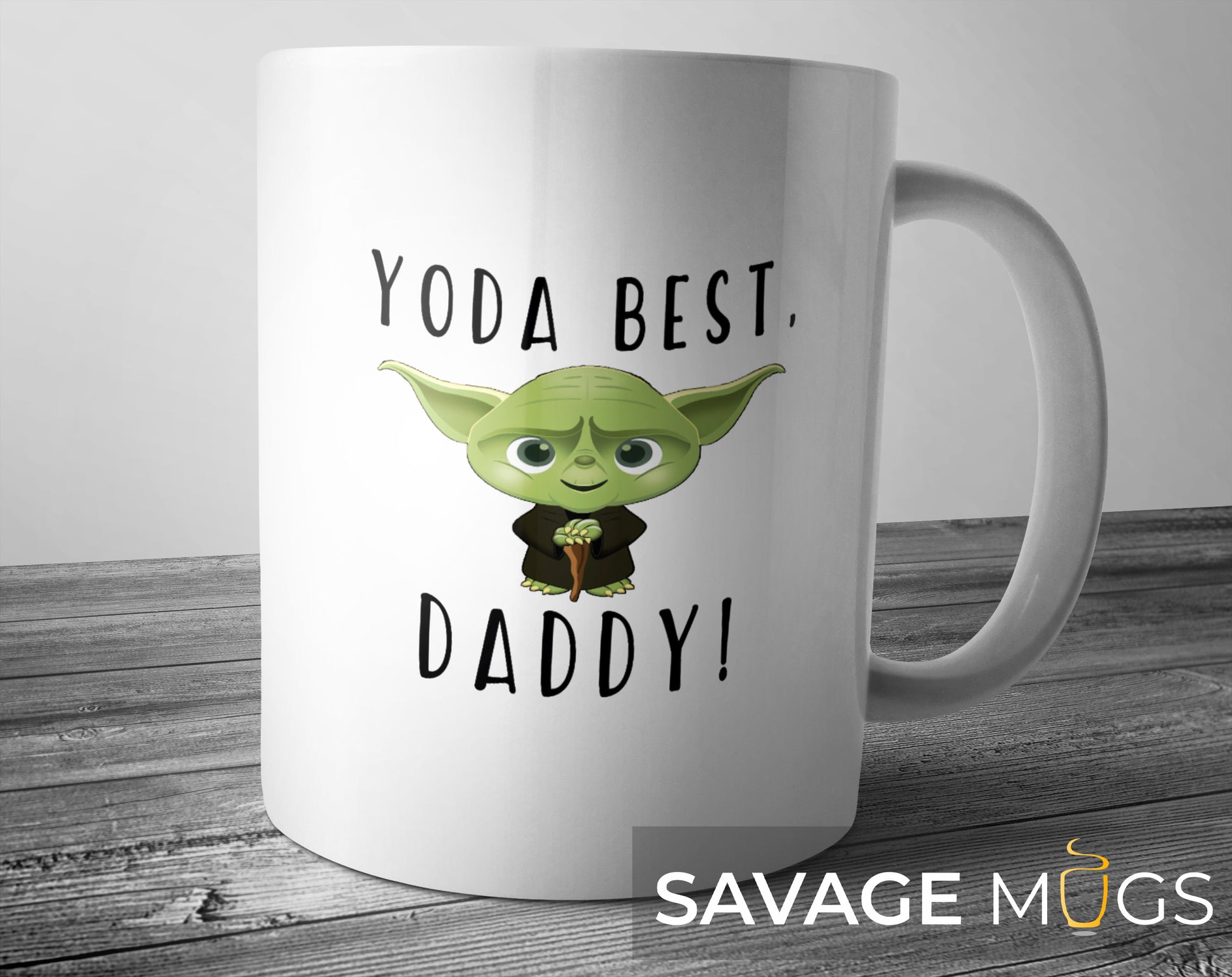 White ceramic mug with Yoda Best Daddy text and cute green character